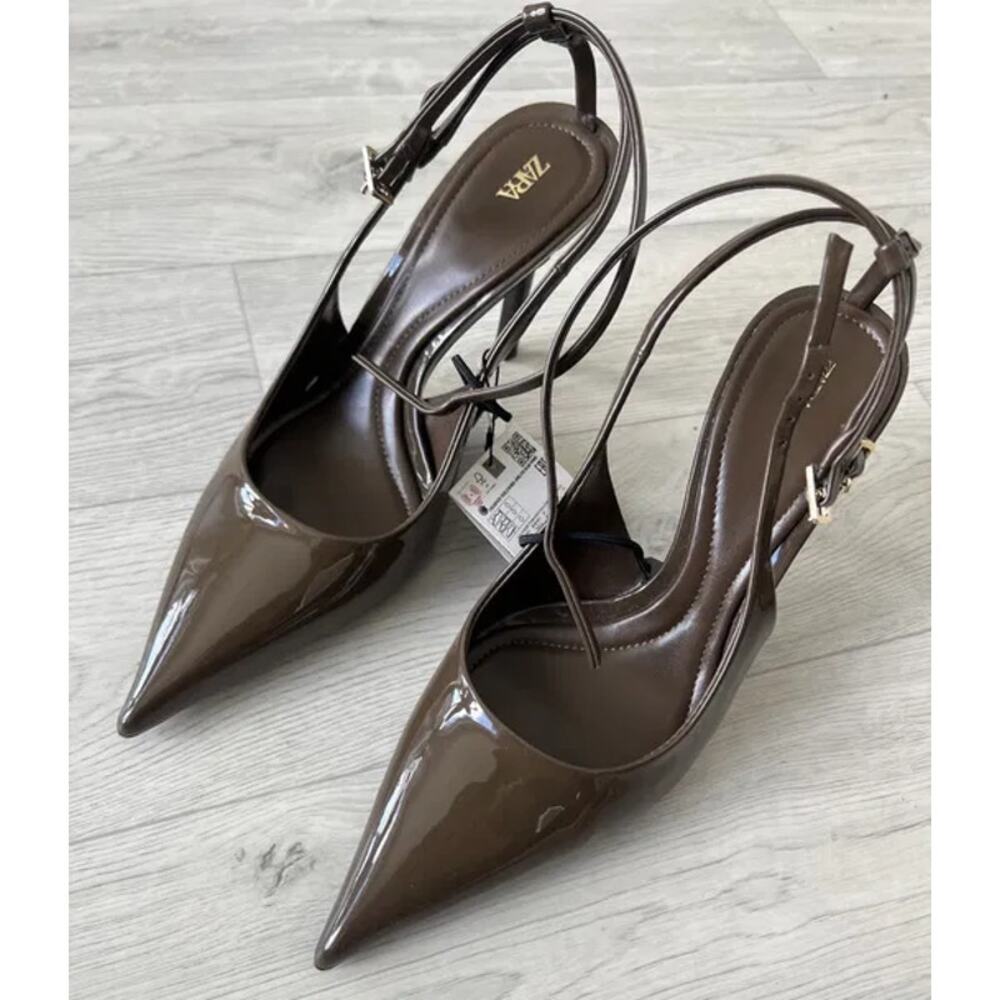 Zara Khaki Patent Slingback Stiletto Heels Pointed Toe NWT - Picture 15 of 16